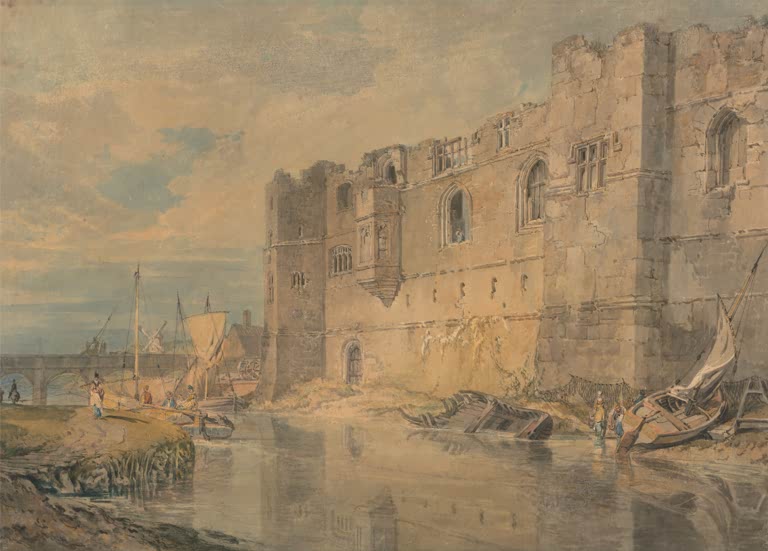 William Turner Newark upon Trent Schloss am Fluss Kunstkopie, Burgmauer, Boote und Windmühle am Wasser