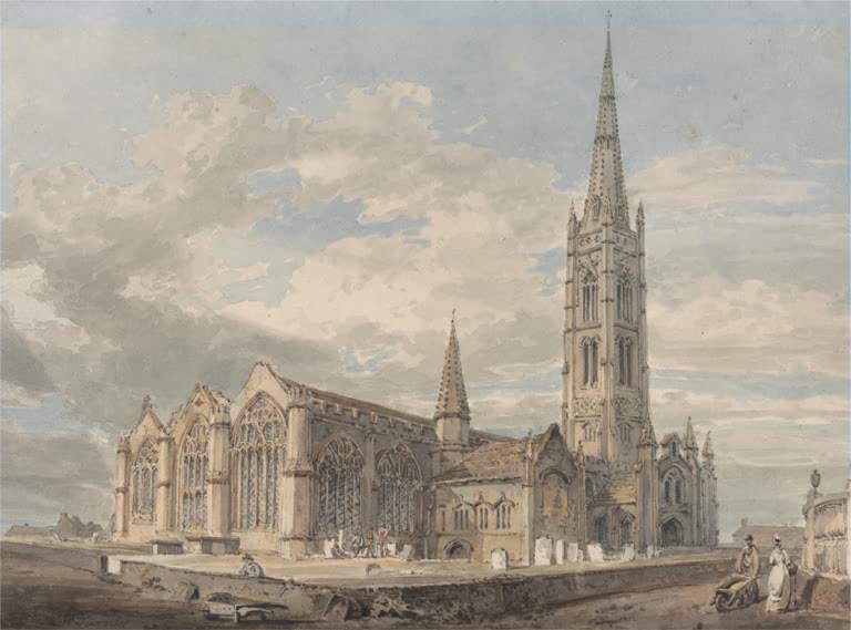 William Turner Nordostansicht der Kirche von Grantham in Lincolnshire Kunstkopie, gotische Kirche mit Turm unter Wolken