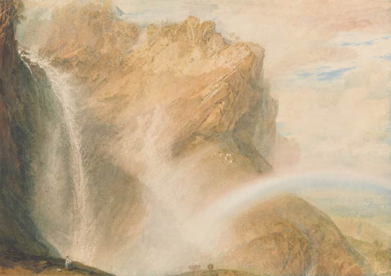William Turner Oberer Reichenbachfall mit Regenbogen Kunstkopie, stürzendes Wasser, Gischt und Felswand in Ocker