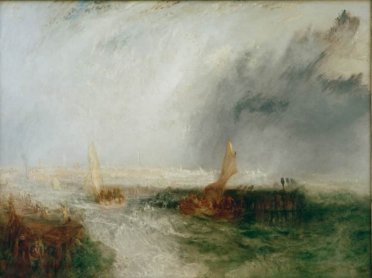 William Turner Ostende Kunstkopie, Segelboote in aufgewühlter grüner See unter Sturmwolken vor der belgischen Küste