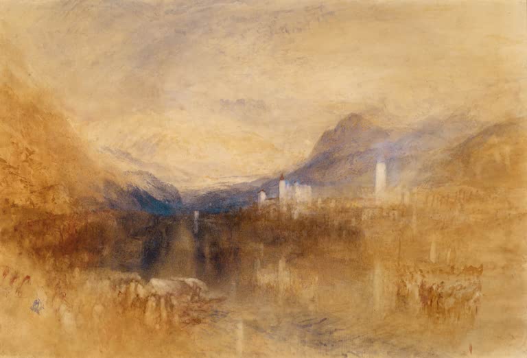 William Turner Pallanza am Lago Maggiore Kunstkopie, goldener Dunst über See, Häusern und Bergen