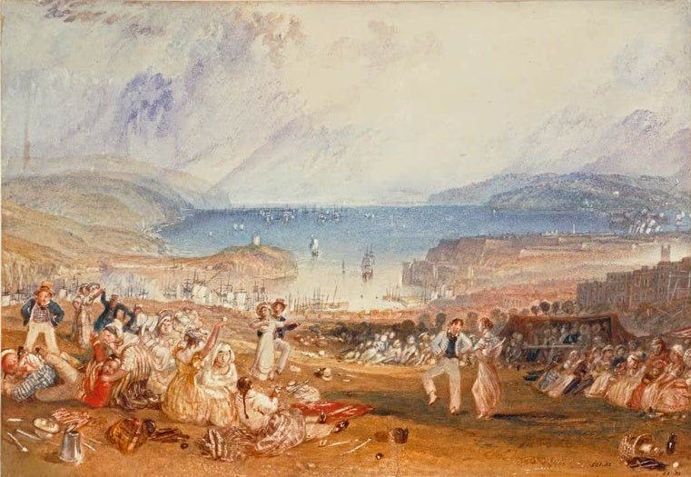William Turner Plymouth in Devonshire Kunstkopie, tanzende und rastende Menschen über der Bucht mit Schiffen