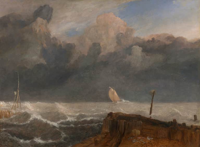 William Turner Port Ruysdael Kunstkopie, Segelboot vor Gewitterwolken, Holzmole mit Reuse und schäumende Wellen