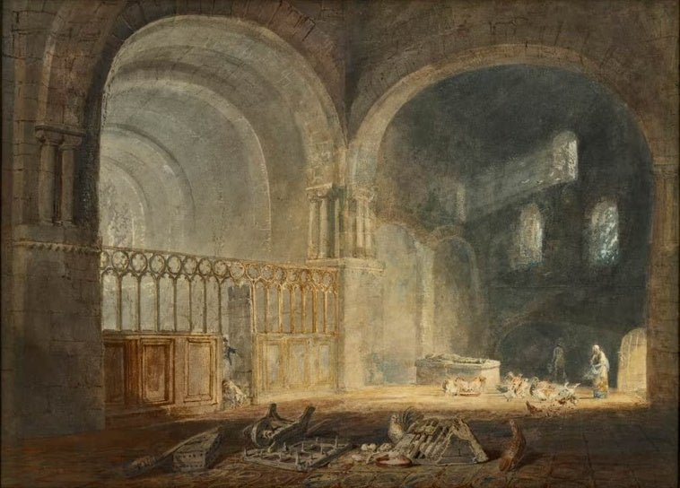 William Turner Querschiff der Priorei Ewenny Kunstkopie, romanische Bögen mit Chorschranke und Hühnern im Lichtfleck