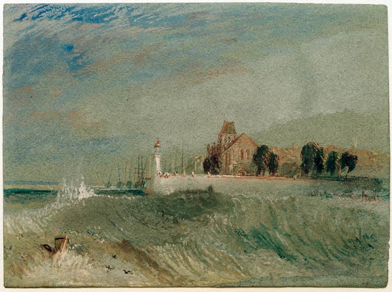 William Turner Quillebeuf an der Seine Kunstkopie, Aquarell mit Wellen, Leuchtturm und Kirche unter bewegtem Himmel