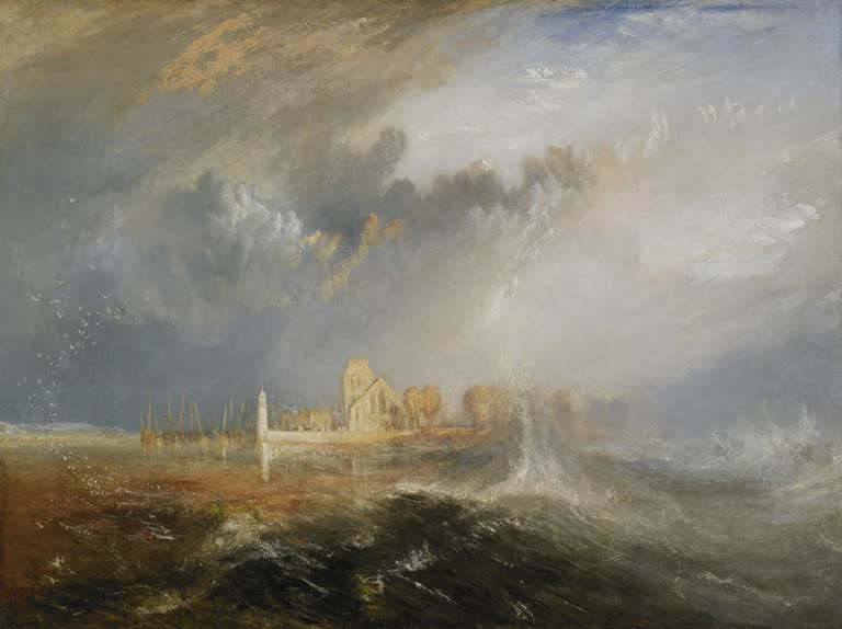 William Turner Quillebeuf, Mündung der Seine Kunstkopie, Sturmwolken und aufgewühltes Wasser vor Kirche und Leuchtturm