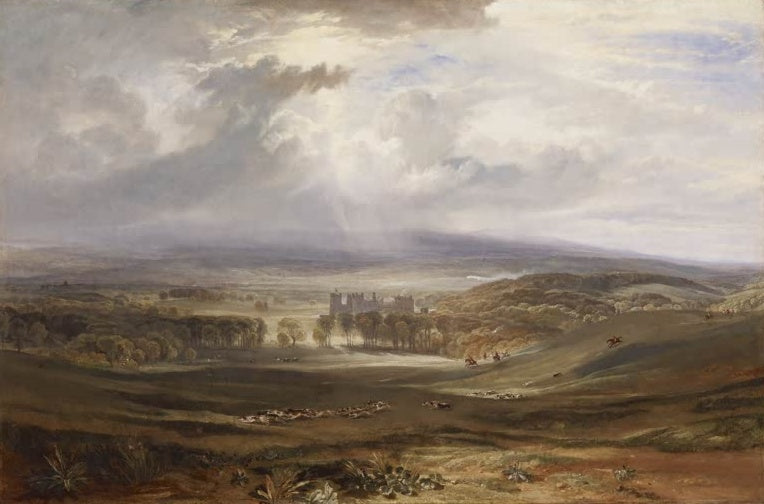 William Turner Raby Castle, Sitz des Earls of Darlington Kunstkopie, Burg in weiter Hügellandschaft mit Jagdgesellschaft