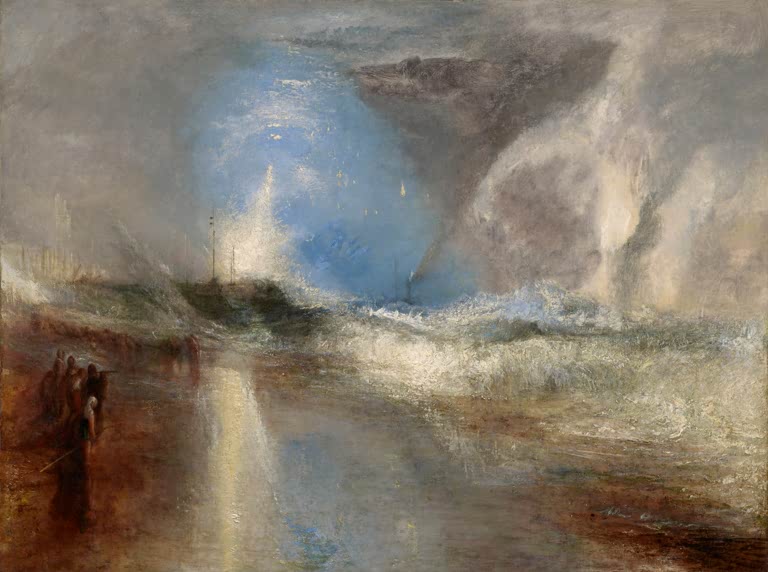 William Turner Raketen und Blaulichter warnen Dampfschiffe Kunstkopie, brandende Wellen und blauer Lichtschein im Sturm