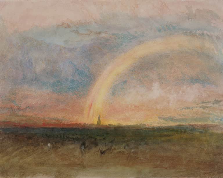 William Turner Regenbogen über weitem Land Kunstkopie, Regenbogen am rosa Abendhimmel über Feldern mit Kirchturm
