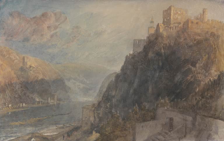 William Turner Rheinfels mit Blick auf Katz und Gourhausen Kunstkopie, Burg auf steilem Fels über dem Rhein
