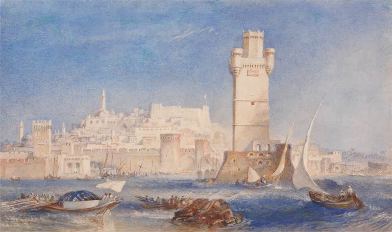 William Turner Rhodos Kunstkopie, Festungsturm und weiße Hafenstadt vor blauem Himmel mit Booten im Vordergrund