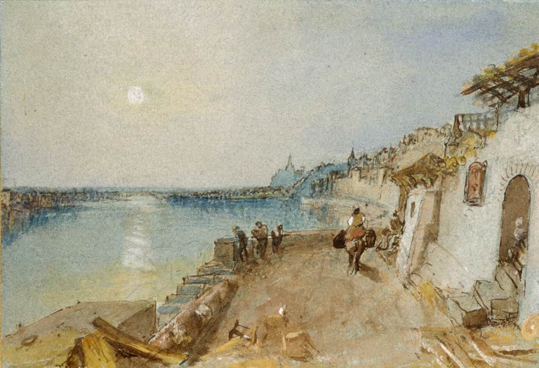 William Turner Rietz bei Saumur Kunstkopie, Reiter auf Uferterrasse, Männer am Mäuerchen, Mond über der blauen Loire