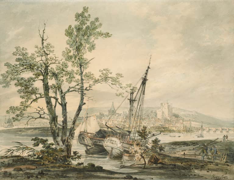 William Turner Rochester am Medway Kunstkopie, Segelschiffe am Ufer vor der Stadt mit Burg und Brücke