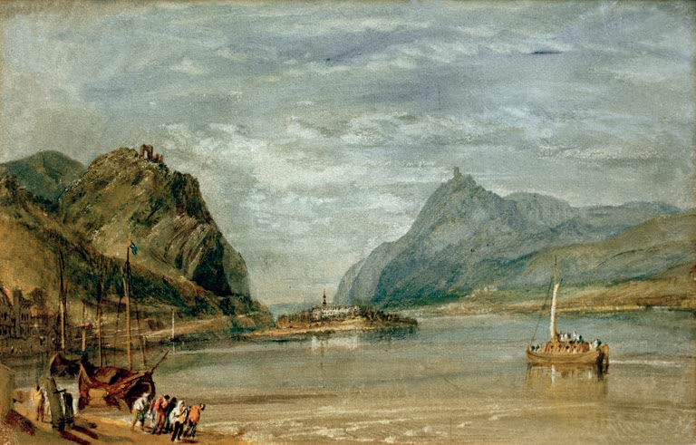 William Turner Rolandseck, Nonnenwerth und Drachenfels Kunstkopie, Aquarell mit Rhein und Segelboot