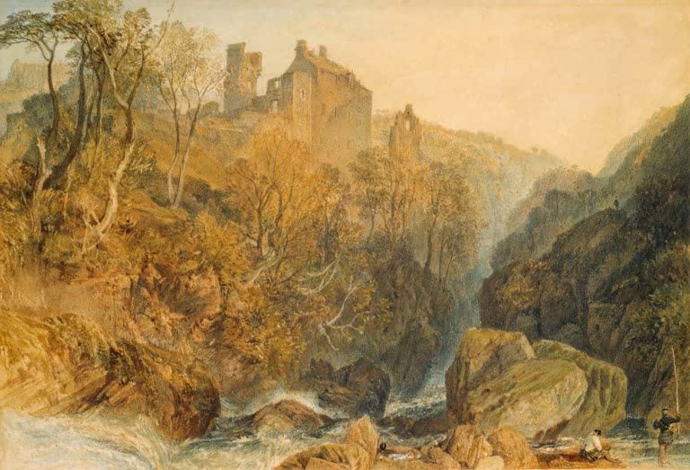 William Turner Rosslyn Castle Kunstkopie, Burgruine über herbstlichen Bäumen, darunter ein Wildbach und zwei Angler