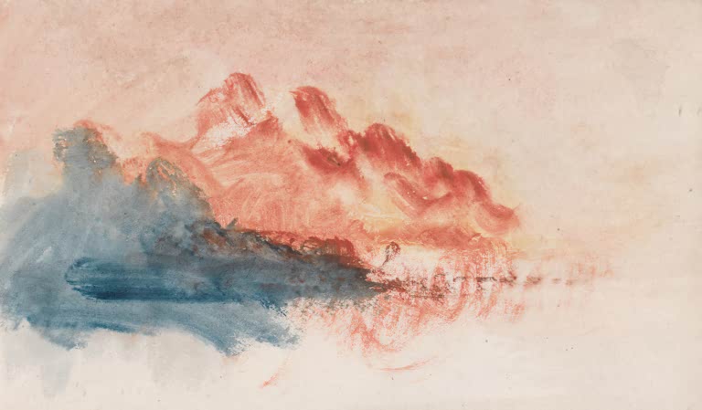 William Turner Roter Abendhimmel über dem Ärmelkanal Kunstkopie, rotorange Wolken und blaugraue Küste auf hellem Papier