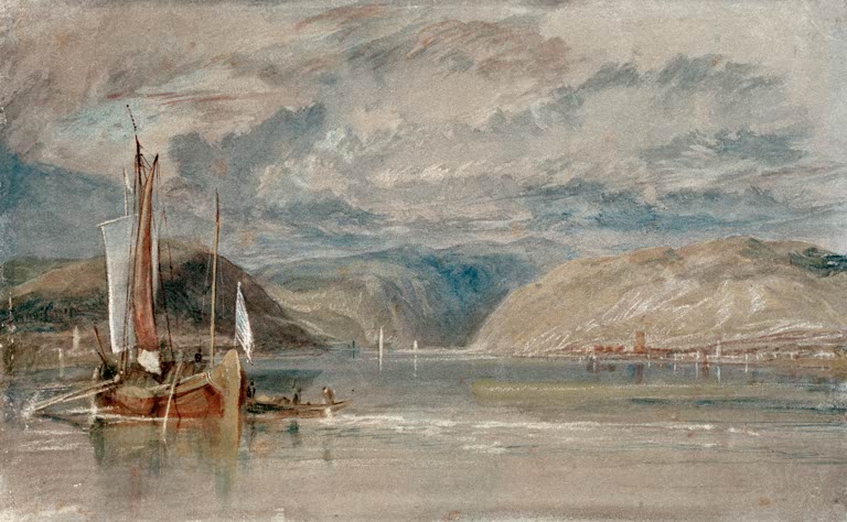 William Turner Rüdesheim, Blick auf das Binger Loch Kunstkopie, Aquarell mit Lastschiff auf dem Rhein