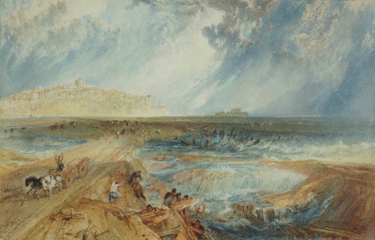 William Turner Rye in Sussex Kunstkopie, Pferdewagen und Arbeiter am Deich unter stürmischem Himmel vor der Stadt