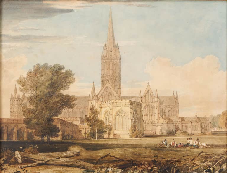 William Turner Salisbury Cathedral Kunstkopie, Kathedrale mit hohem Turm, Baum und Rastenden auf der Wiese