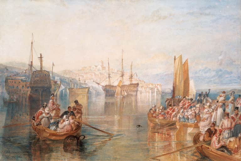 William Turner Saltash Aquarell Kunstkopie, Boote voller Passagiere in roten Uniformen vor Kriegsschiffen und hellem Hügelort