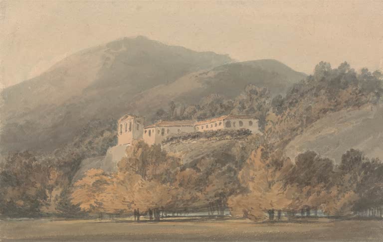 William Turner Santa Lucia, ein Kloster bei Caserta Kunstkopie, Klostergebäude am Hang vor dunklem Berg und Herbstbäumen