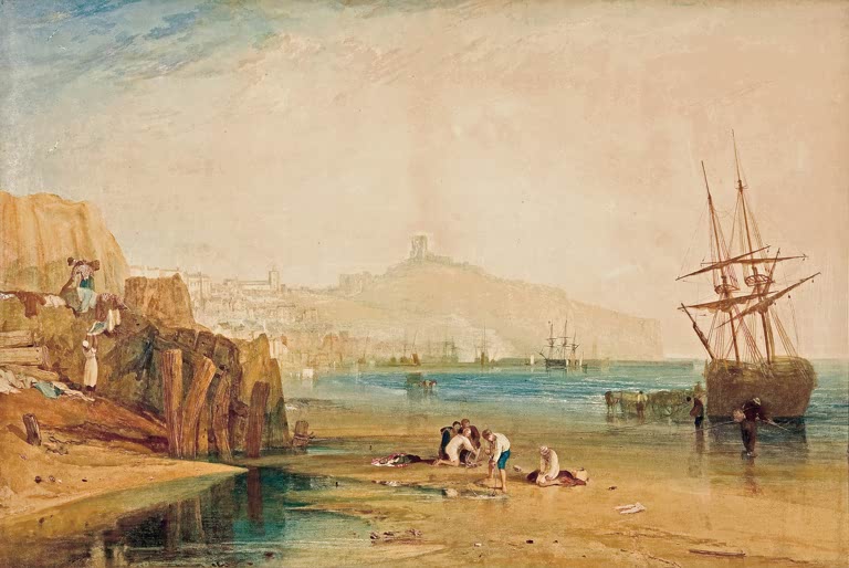 William Turner Scarborough mit Burg am Morgen Kunstkopie, Jungen beim Krabbenfang am Strand vor Segelschiff und Burgberg