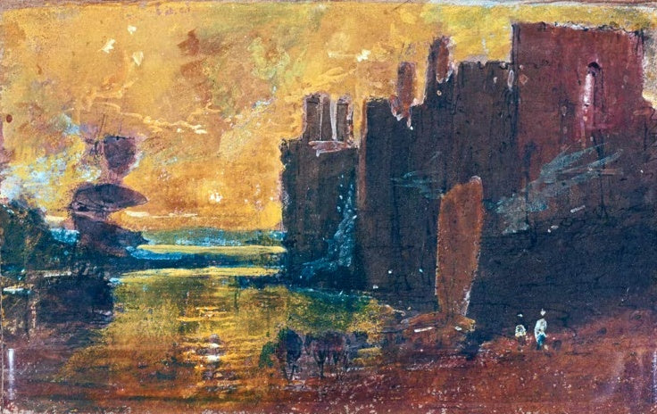 William Turner Schloss Caernarvon bei Sonnenaufgang Kunstkopie, dunkle Burgmauern vor goldenem Himmel und Wasser