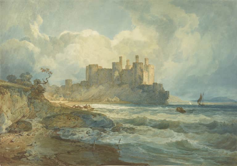 William Turner Schloss Conway, Nordwales Kunstkopie, mächtige Burg am Meer unter schweren Wolken mit Brandung