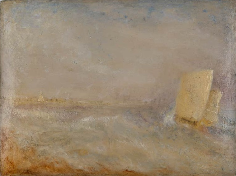 William Turner Segelboot vor Deal Kunstkopie, gelbe Segel auf bewegter See vor einer fernen flachen Küste im hellen Dunst