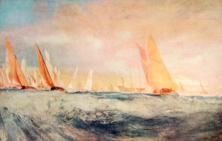 William Turner Segelregatta im Solent Kunstkopie, Yachten mit orangefarbenen Segeln auf bewegter See unter rosigem Himmel