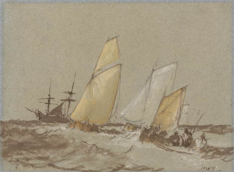 William Turner Segelschiffe auf bewegter See Kunstkopie, gelbe Segel und Boote auf grauem Papier
