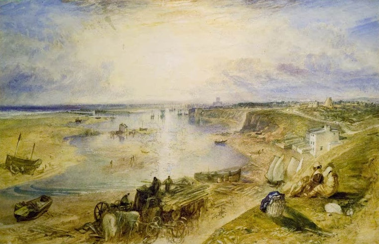 William Turner Shoreham Kunstkopie, weite Bucht mit Booten und einem Fuhrwerk am sandigen Ufer unter hellem Himmel
