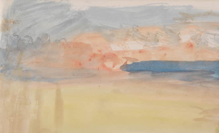 William Turner Sonnenuntergang am Wellenbrecher Kunstkopie, blaugrauer Himmel, rote Wolken und gelbe Wasserfläche