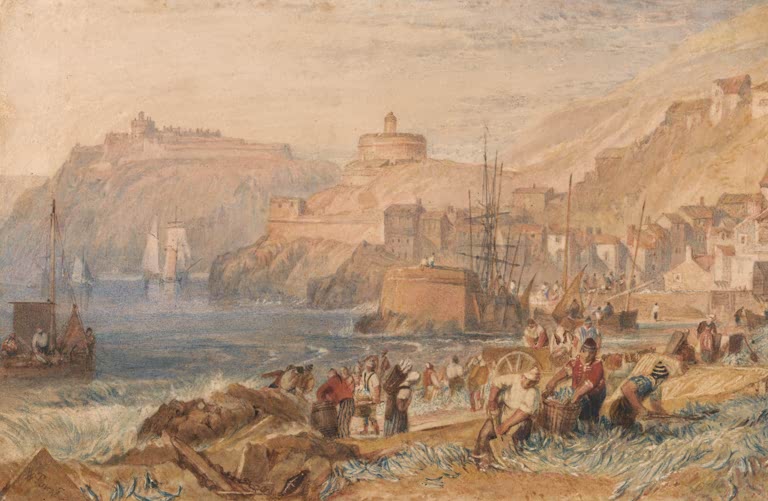 William Turner St. Mawes, Cornwall Kunstkopie, Fischer mit Körben am Strand vor Hafen, Burg und Segelbooten