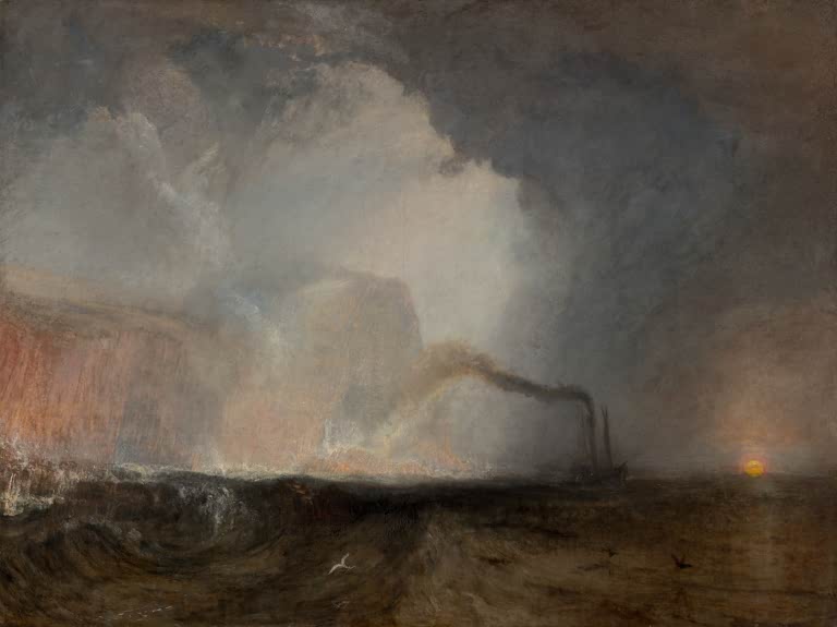 William Turner Staffa Fingals Höhle Kunstkopie, Dampfschiff mit Rauchfahne vor Felsen und untergehender Sonne