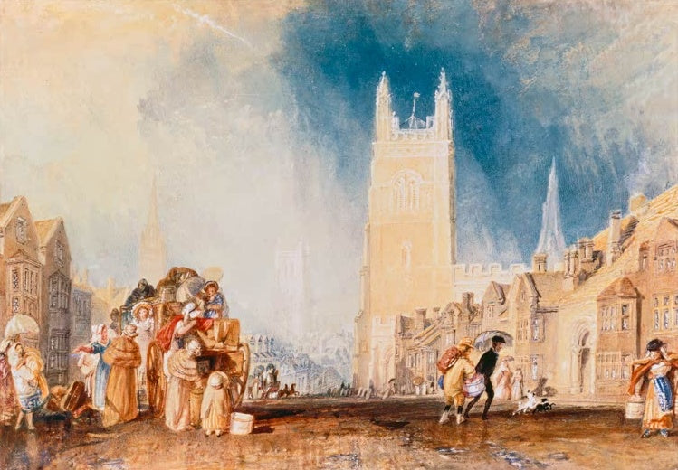William Turner Stamford in Lincolnshire Kunstkopie, Reisende und Kutsche vor einem hellen Kirchturm unter dunklen Regenwolken