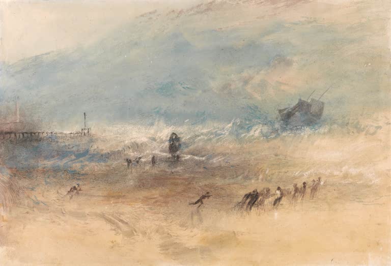 William Turner Strand von Yarmouth im Sturm Kunstkopie, Menschen am Sandstrand, schäumende Wellen und ein Schiff