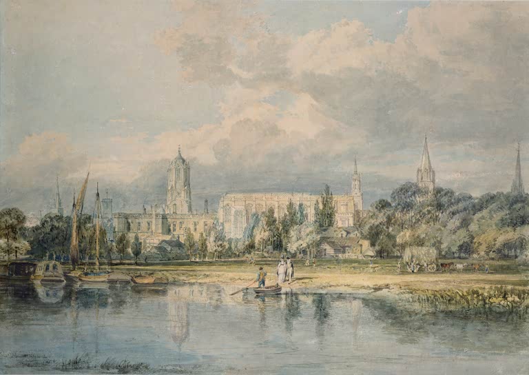 William Turner Südansicht von Christ Church Kunstkopie, Fluss mit Booten, Turm und Wiesen unter bewegtem Wolkenhimmel