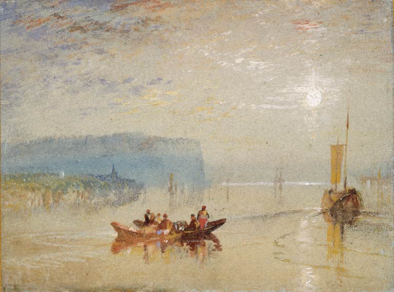 William Turner Szene auf der Loire bei den Coteaux de Mauves Kunstkopie, Boot im goldenen Morgenlicht, Mond am Himmel