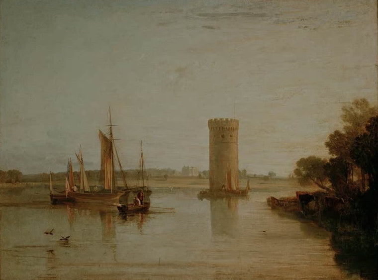William Turner Tabley Cheshire Ruhiger Morgen Kunstkopie, Segelboote und runder Turm auf stillem See im Morgenlicht