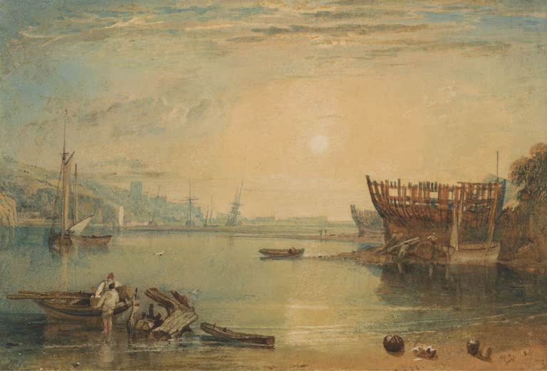 William Turner Teignmouth in Devonshire Kunstkopie, Flussmündung mit Schiffsgerippe bei tiefstehender Sonne