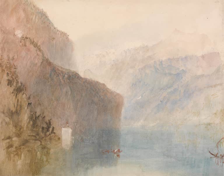 William Turner Tells Kapelle am Vierwaldstättersee Kunstkopie, weiße Kapelle am Felsufer und Boot auf nebligem See