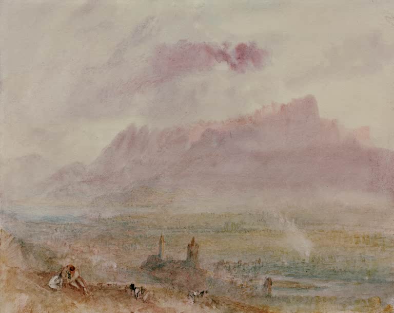William Turner Thun, Stadt und See Kunstkopie, rosa Bergmassiv im Dunst über einer weiten Landschaft mit Figuren