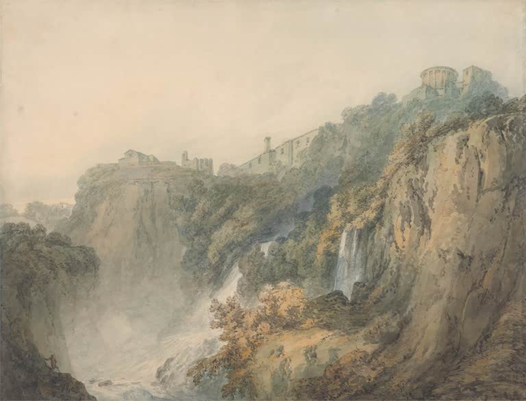 William Turner Tivoli mit dem Sibyllentempel Kunstkopie, Wasserfälle und Felswand unter hellem Himmel