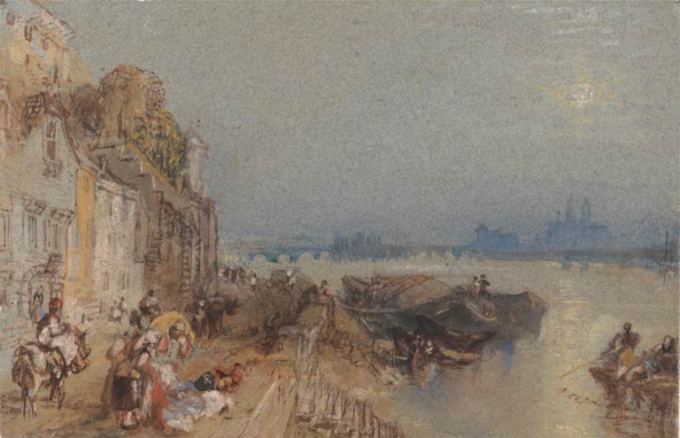 William Turner Tours bei Sonnenuntergang, Blick zurück Kunstkopie, Uferstraße mit Lastkähnen an der Loire im Abendlicht