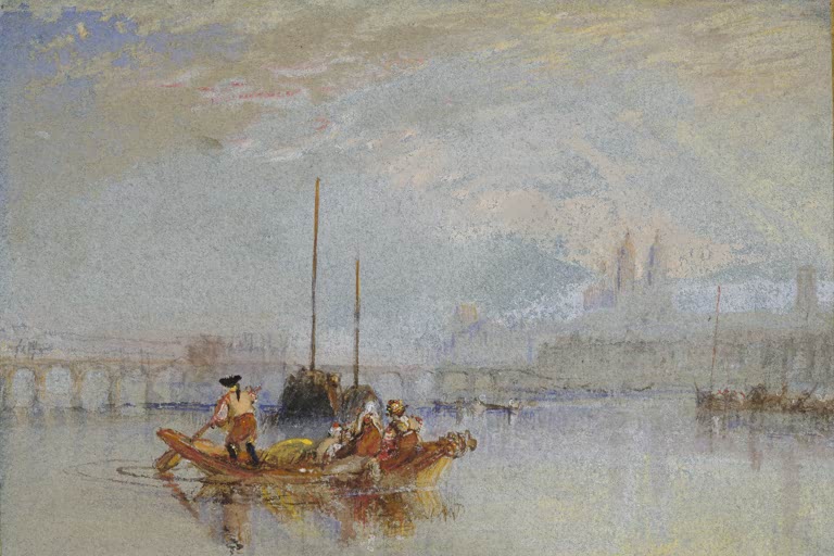 William Turner Tours, Ruderboot vor der Brücke Kunstkopie, Fahrgäste auf spiegelglatter Loire