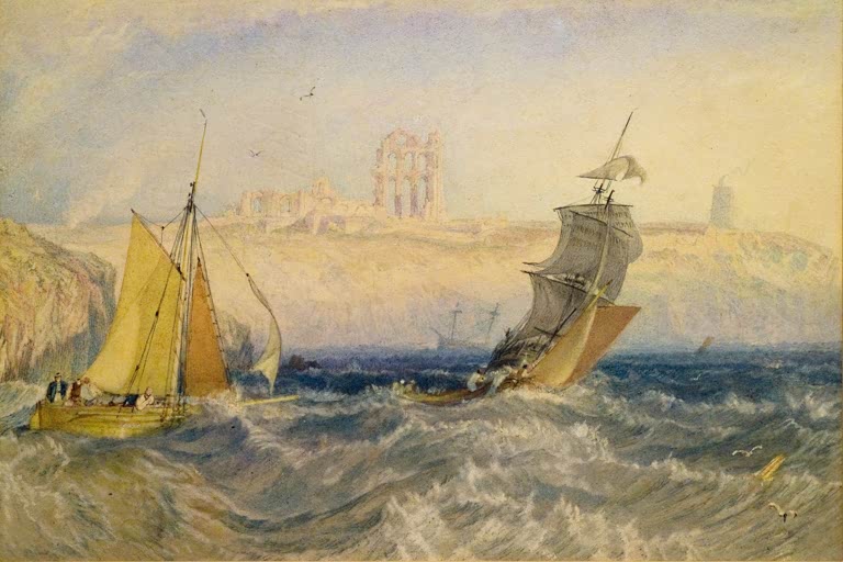 William Turner Tynemouth Priory Kunstkopie, Segelboote auf bewegter See vor der Klosterruine auf der Küste