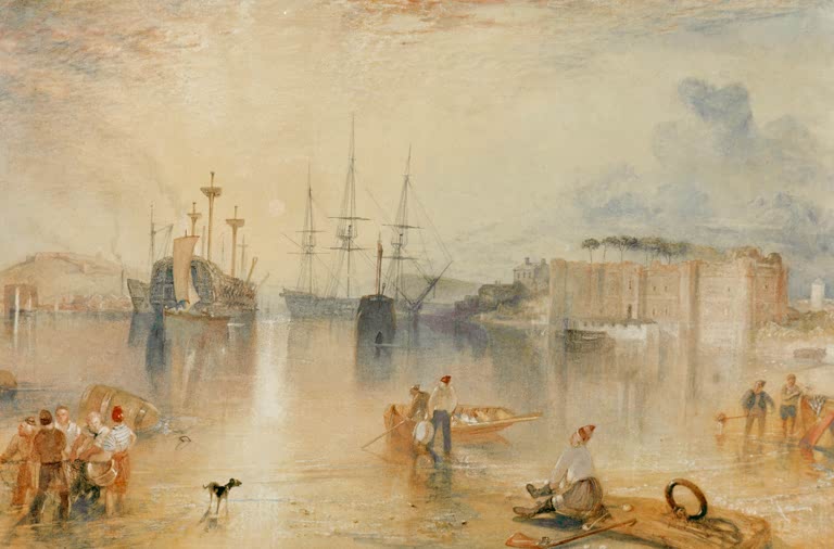 William Turner Upnor Castle Kunstkopie, Segelschiffe und Fischer im goldenen Licht vor der Festung am Medway