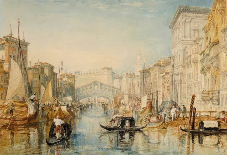 William Turner Venedig Rialtobrücke Kunstkopie, Gondeln und Lastschiffe auf dem Canal Grande vor Palastfassaden