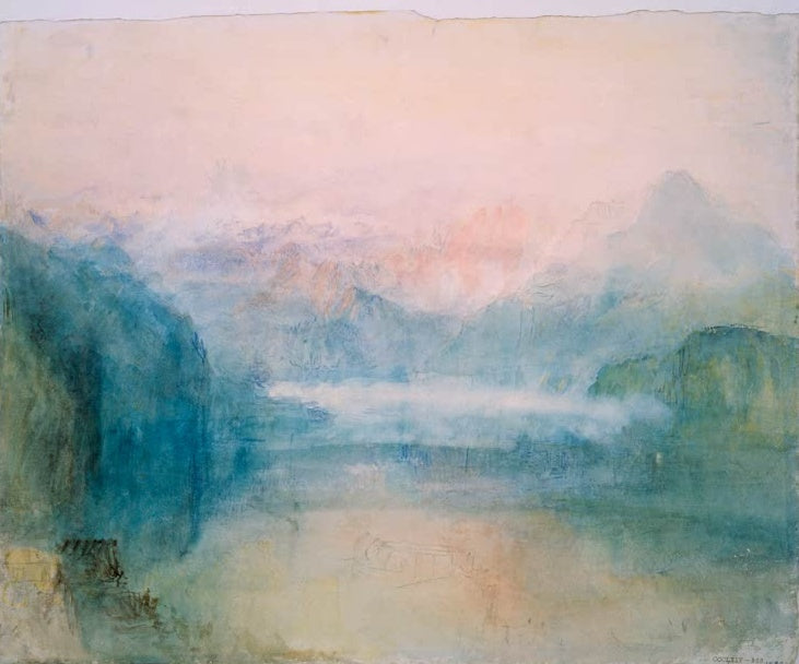 William Turner Vierwaldstättersee mit Blick auf Uri Kunstkopie, rosa Alpenglühen und Nebel über blauem See